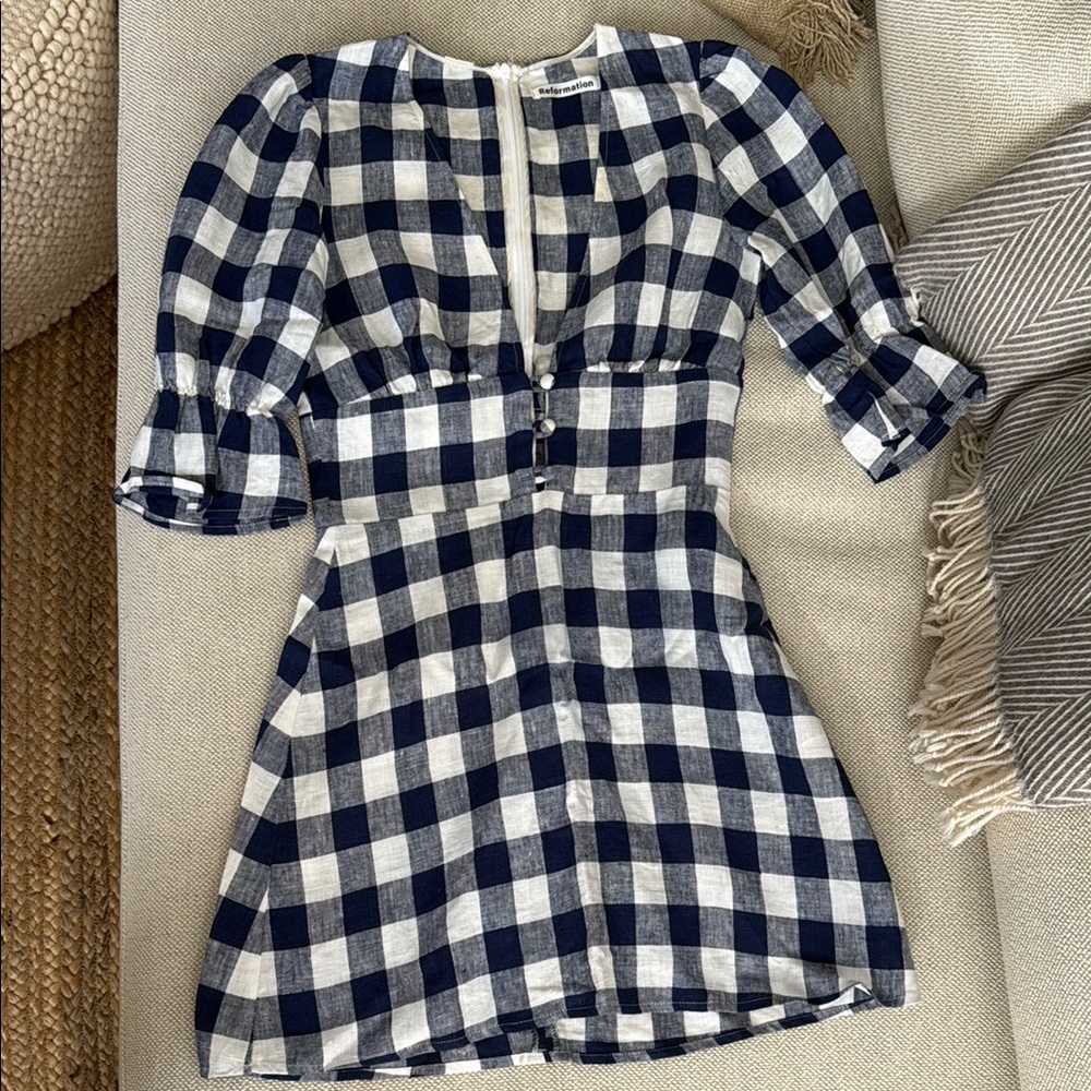 Reformation Navy and White Checkered Mini Dress
